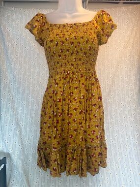 Xhilaration Mustard Floral Smocked Mini Dress